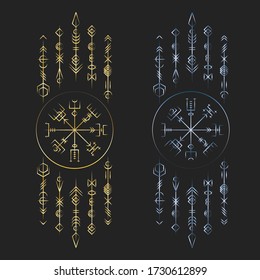 Golden and blue gradien colors old ancient magic runic symbols  isolated on black background