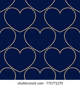 Golden blue hearts as seamless pattern. Romantic background. Vector illustration