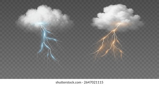 Golden and blue lightning bolts striking from a realistic fluffy cloud on a transparent background. Light effect with sparkles on impact for dynamic weather scenes. Vector illustration.