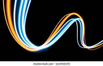 Golden and blue magic wave. Gold trail isolated on dark background. Luminescent waved trail with bright lights