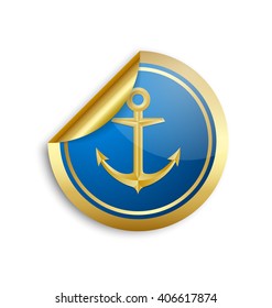 Golden and blue nautical anchor sticker icon on white background
