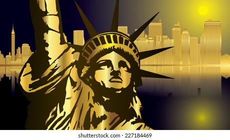 Golden - blue New York and Statue of Liberty in Night - vector