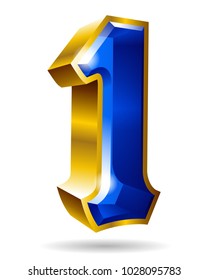 Golden and blue number character 1 isolated on white background. Vector illustration.