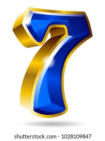 Golden and blue number character 7 isolated on white background. Vector illustration.