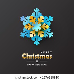 Golden blue paper cut snowflake on black Christmas background
