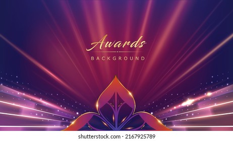 Golden Blue Pink Award Background. Leaf Flower Lotus Traditional Rays Sparkle Glowing Effect. Jubilee Night Decorative Invitation. New Trend Shining Marketing Visual.