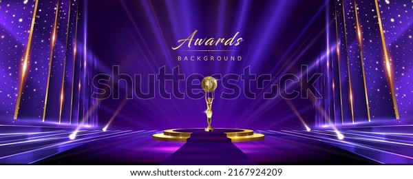 Golden Blue Purple Award Background. Jubilee Night\
Decorative Invitation. Trophy on Stage platform with spotlight.\
Wedding Entertainment Hollywood Bollywood Night. Elegant Luxury\
Steps Floor.