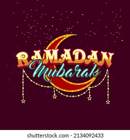 Golden And Blue Ramadan Mubarak Font With Crescent Moon In Marquee Lights, Star String On Claret Lights Background.