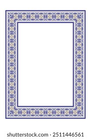 Golden Blue rectangular Vertical Islamic Asian Kazakh national ornament frames. A4 format. Kazakh pattern frame, border, decorative ornament of the Kazakh, Kyrgyz, Mongol, Tatar, Uzbek, Tajik