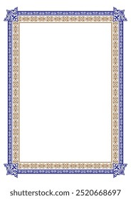 Marco de adorno nacional asiático islámico de Vertical rectangular azul dorado. Formato A4. Marco de patrón asiático islámico, ornamento, frontera de kazajo, kirguiso, mongol, uzbeko, tayiko. Diploma, certificado, bordado 