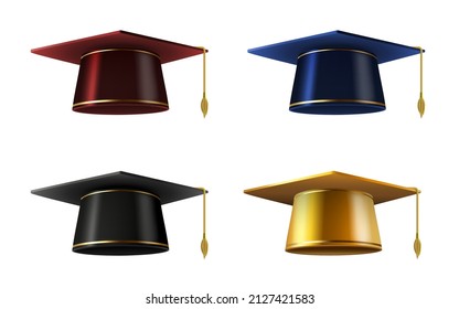 Golden, blue, red and black realistic 3d graduation cap. Academic square hat for university graduate student ceremony celebration vector set. Illustration of university cap graduation