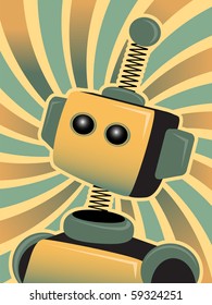 Golden Blue Robot looks up accented by swirly colorful background