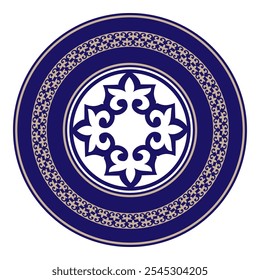 Golden blue round Kazakh national ornament. Ethnic pattern of the peoples of the Great Steppe, Kazakh, Mongols, Kyrgyz, Kalmyks. circle, frame border. For sandblaster, ceramic, plate, print design