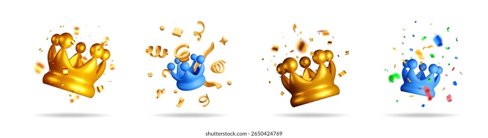 Golden and blue royal crowns with confetti. Festive celebration concept. 3d vector stock set collection for winner design.
