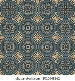 Golden - blue seamless ornamental vector pattern