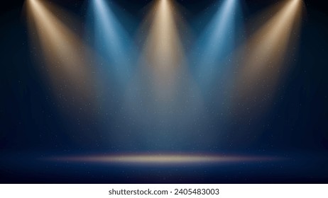 Golden, blue spotlight backdrop. Illuminated blue stage. Background for displaying products. Bright beams of spotlights, shimmering glittering particles, a spot of light. Vector illustration