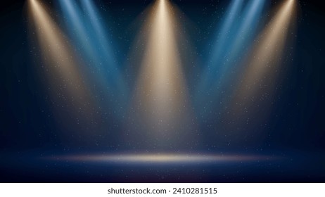 Golden, blue spotlight backdrop. Illuminated blue stage. Background for displaying products. Bright beams of spotlights, shimmering glittering particles, a spot of light. Vector illustration