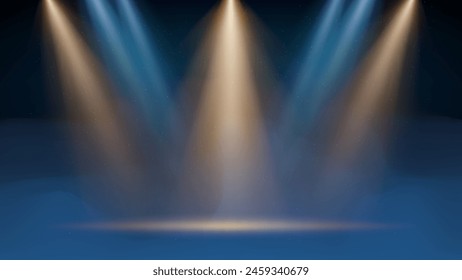 Golden, blue spotlight backdrop. Illuminated stage with blue fog, smoke. Background for displaying products. Bright beams of spotlights, haze, particles, a spot of light. Vector illustration