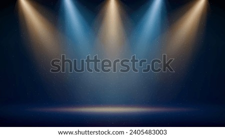 Golden, blue spotlight backdrop. Illuminated blue stage. Background for displaying products. Bright beams of spotlights, shimmering glittering particles, a spot of light. Vector illustration