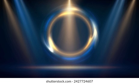 Golden, blue spotlight backdrop. Stage with golden blue circular lighting background. Shining light ring. Glowing gold circle. Stage backdrop. Background displaying products. Place for text. Vector