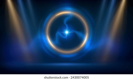 Goldene, blaue Scheinwerferkulisse. Bühne mit goldblauem kreisförmigem Lichthintergrund, Kugelblitz. Heller Ring auf einer dunklen Bühne Hintergrund. Glühender Goldkreis. Hintergrund mit Produkten. Vektor