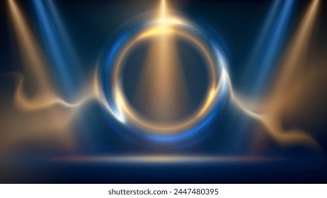 Golden, blue spotlight backdrop. Stage with golden blue circular lighting background. Shining light ring. Glowing gold circle. Stage backdrop. Background displaying products. Place for text. Vector