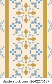 Golden Blue Striped Border Pattern Oriental Baroque Inspired Scroll Ornament Geometric Twist Luxury Fine Decoration Pattern. Light Creamy Beige Background and Cyan Exotic Florals Carpet Embroidery Rug