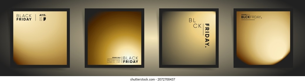 Golden blurred black gradient square cover template design set for premium black Friday sale poster, social network posts, presentation. Smooth gold light gradient fashion sale promo concept.