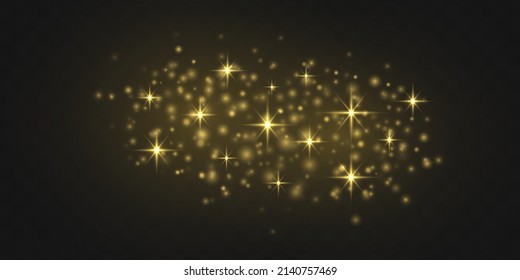 Golden blurred and stardust. Light effect of golden glares bokeh. Random blurry spots. Defocused gold glittering elements. Glowing dust, yellow sparks and stars shine. Christmas vector illustration.