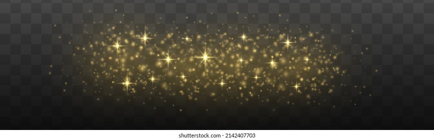 Golden blurred and stardust. Light effect of golden glares bokeh. Random blurry spots. Defocused gold glittering elements. Glowing dust, yellow sparks and stars shine. Christmas vector illustration.