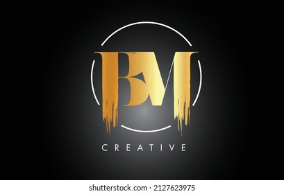 Golden BM Brush Stroke Letter Logo Design. Black Paint Logo Leters Icon with Elegant Circle Vector Design.
