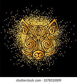 Golden boar, pig head isolated on black background with gold confetti. Symbol of Chinese 2019 New Year. Vector illustration. Stylized Maori face tattoo.