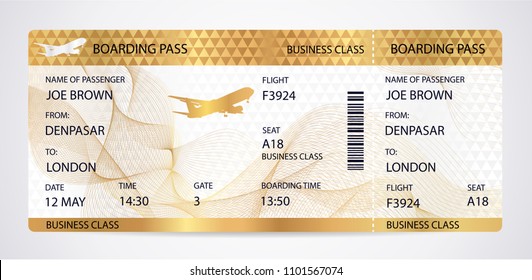 Golden Boarding Pass (ticket, Traveler Check Template) With Aircraft (airplane Or Plane) On Gold Guilloche Background. Travel By Aerial Transport. Vacation Vip Class. Isolated Vector On White