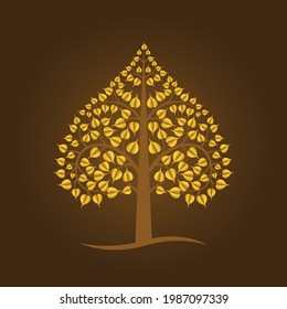 Golden bodhi tree of buddhism isolated on brown background, vector illustration