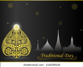 Golden Bodhi tree on buddhist temple Thai style art on black shadow background, illustration vector eps10.