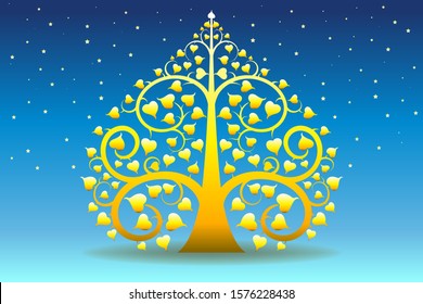 Golden Bodhi tree symbol Thai art style with stars on midnight sky , vector illustration 