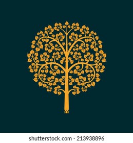 Golden Bodhi tree symbol with Thai style isolate on black background, vector illustration