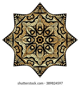 Golden Boho style element. Gold gamut decorative icon. Ornate medallion ethnic pattern. Tribal ornament for tattoo or brand. Isolated design symbol. Vector illustration.