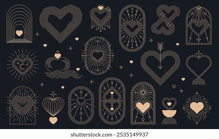 Símbolos celestiales y místicos esotéricos de oro boho de San Valentín de Vector línea de arte mínima amor corazones, estrellas y luna. Marcos de arco estéticos del día de San Valentín con corazones boho, flechas de Cupido y chispas