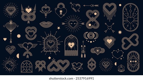 Golden boho Valentine symbols, celestial and mystic icons with esoteric elements, line vector. Boho love hearts, cupid arrows and stars, diamond gem, sun and Tarot keylock in celestial constellation