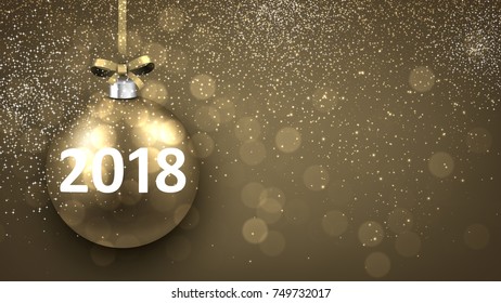 Golden bokeh 2018 New Year background with Christmas ball. Vector illustration.