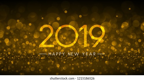 Golden bokeh 2019 Happy New Year greeting card. Vector background.