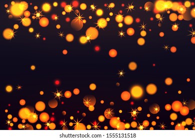 Golden bokeh background. Christmas glowing lights with sparkles. Holiday decorative effect.