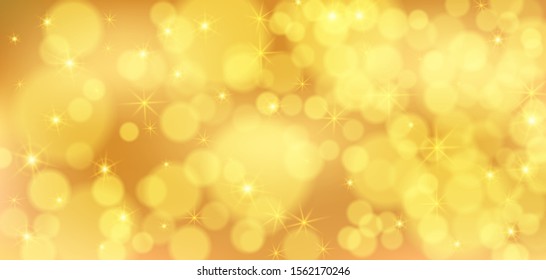 Golden bokeh banner. Bright festive background. Christmas glowing lights. Holiday decorative effect.