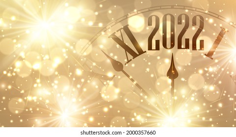 Goldene Bokeh-Uhr mit 2022. Weihnachten und Neujahr Banner Hintergrund. Vektorgrafik für Winterferien.