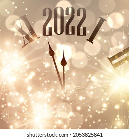 Golden bokeh clock showing 2022. Christmas and New Year background. Vector festive illustration.