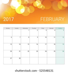 Golden bokeh february 2017 calendar, weeks start on monday