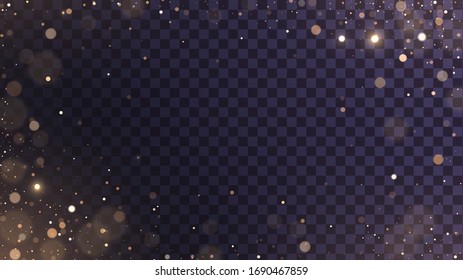 Golden bokeh glitter dust with blur effect on transparent background.