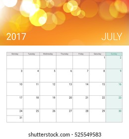 Golden bokeh july 2017 calendar, weeks start on monday