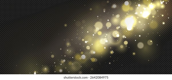 Golden bokeh light effect on transparent background - shimmering particles and blurred circles of magical dust for luxury designs, festive overlays, celebration graphics or elegant photo filters.